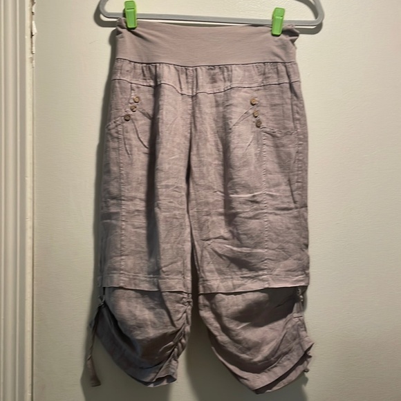 ART Light Tan Linen Adjustable Ruched MIDI Length Shorts - Picture 1 of 6